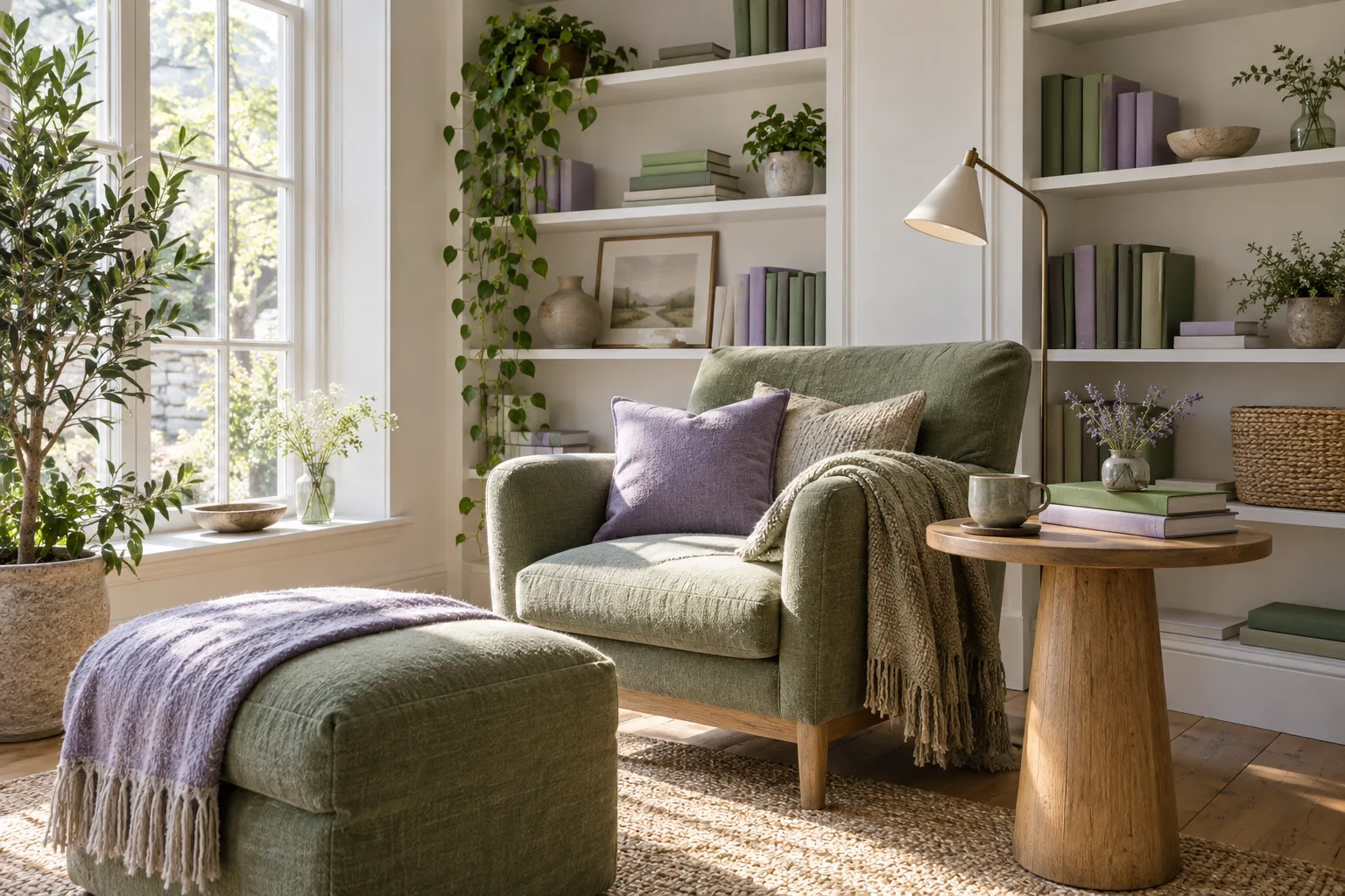 Illustrative bright reading nook with books, a small table, and a leafy plant