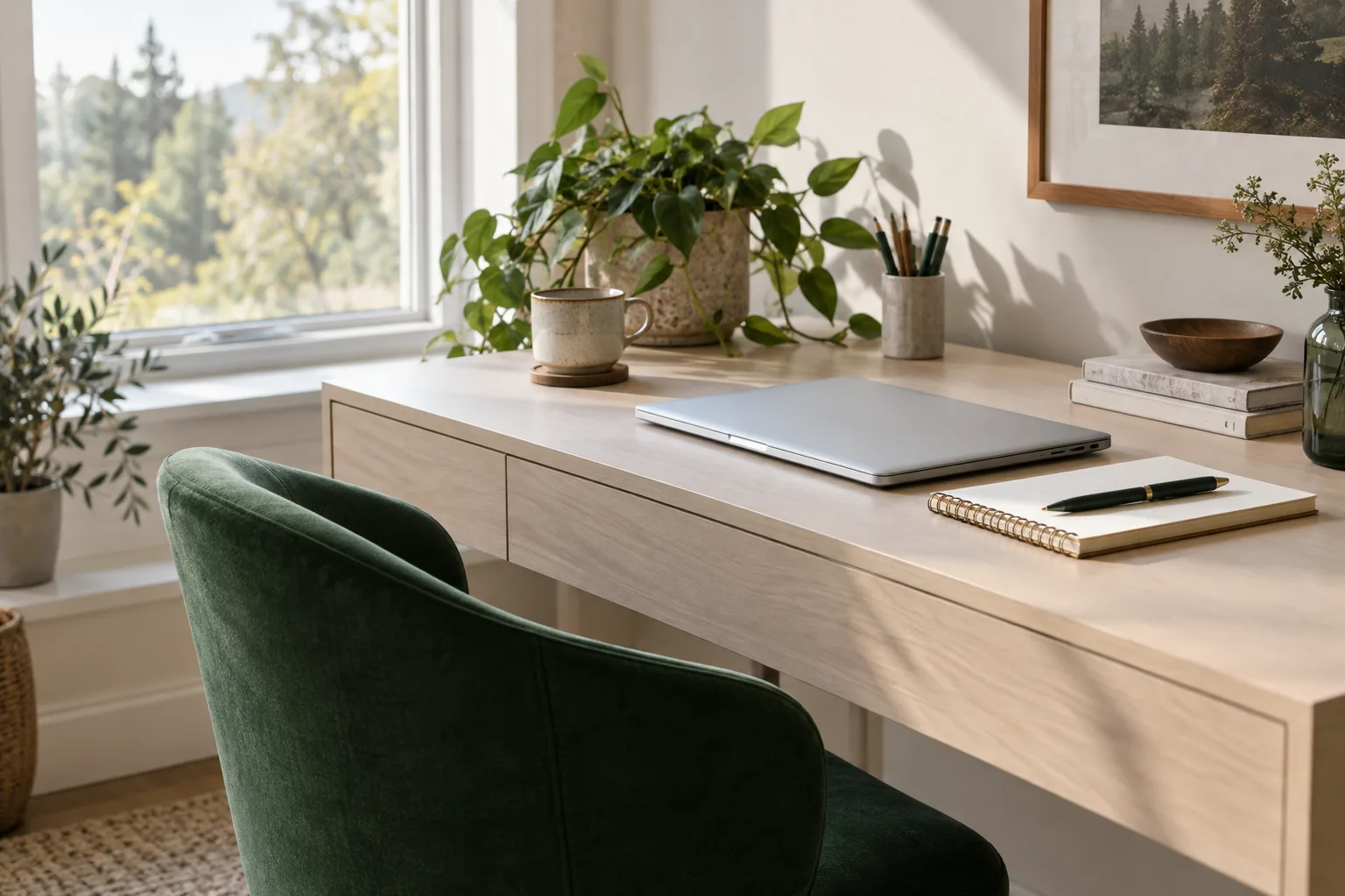 Illustrative sunlit workspace with a closed laptop, notebook, and green chair
